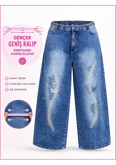 Büyük Beden Denim Beli Lastikli Taşlı Yırtık Detaylı Bol Kesim Kadın Pantolon Mavi