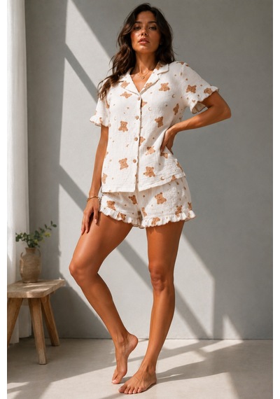 Kadın Süprem Gömlek Şort Düğme Kar Beyaz Pijama Takımı