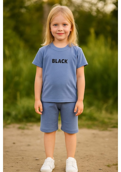 Black Baskı Fitillli Şortlu Basic Kız Erkek Çocuk Yazlık Şortlu Takım Koyu Lila