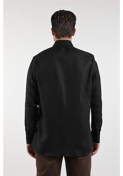İmza Uzun Kol Düz Keten Düğmeli Yaka Cepsiz Casual Comfort Fit Gömlek 1004250114 Siyah
