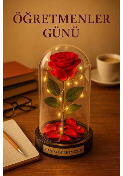 Sevgiliye Eşe Öğretmenler Gününe Anlam Katan Özel Fanusta Led Işıklı Canım Öğretmenim Hediye Biblosu
