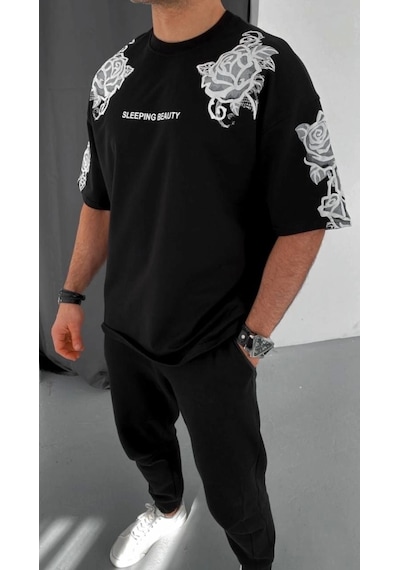 Unisex Flok Kabartma Baskılı T-shirt - Siyah