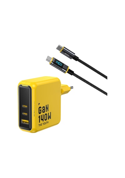 Aohi Youth 140w 3 Portlu Şarj Adaptörü, 140w Led Ekranlı Naylon Örgülü Süper Hızlı Şarj/data Kablosu