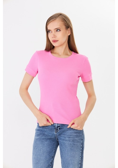 Hdm Kadın Pembe Kısa Kollu Basic Bisiklet Yaka Tişört - H6037