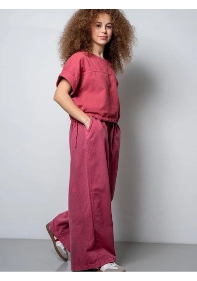 Zekids Kız Çocuk Kemerli Geniş Paça Gabardin Pantolon-15802 Pembe