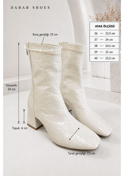 Dabab Shoes Janıce Kadın Bej Küt Kare Burun Kırışık Desenli Rugan Streç Arkadan Fermuarlı 6 Cm Kalın Topuklu Bot Bootie