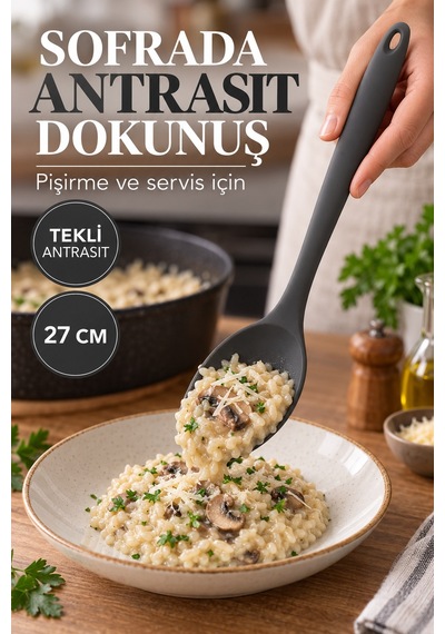 Tekli Antrasit Büyük Boy Silikon Kaşık 27 Cm Mutfak Yemek Pişirme Ve Servis Kaşığı Mutfak Yardımcısı