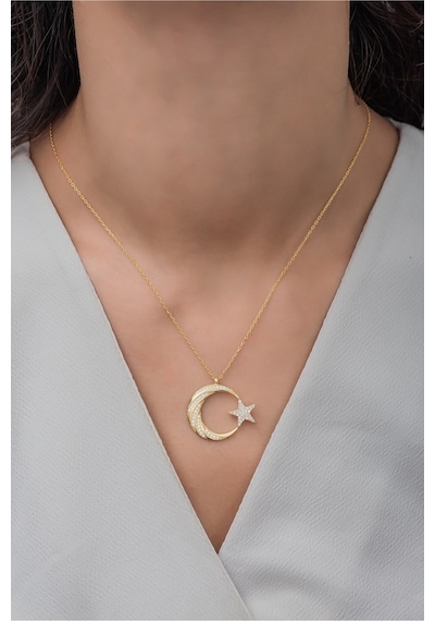 925 Ayar Gümüş Gold Zirkon Taşlı Ayyıldız Kolye