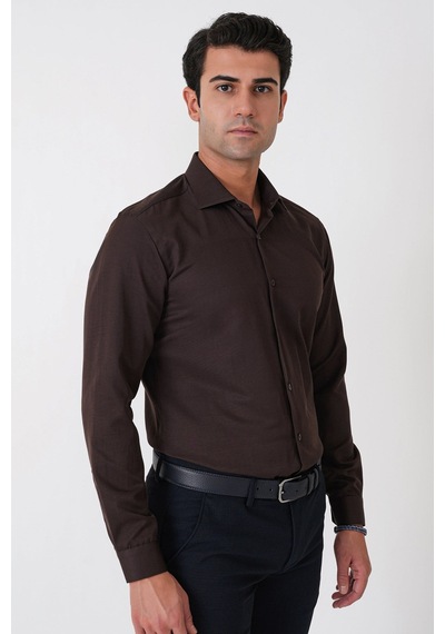Slim Fit Pamuk Saten Klasik Kahverengi Gömlek Gk 604