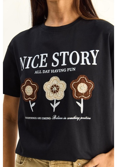 Shade Kadın Nice Story Yazı Ve Nakış Detaylı Relaxed Fit T-shirt 7635 60286116 - Siyah