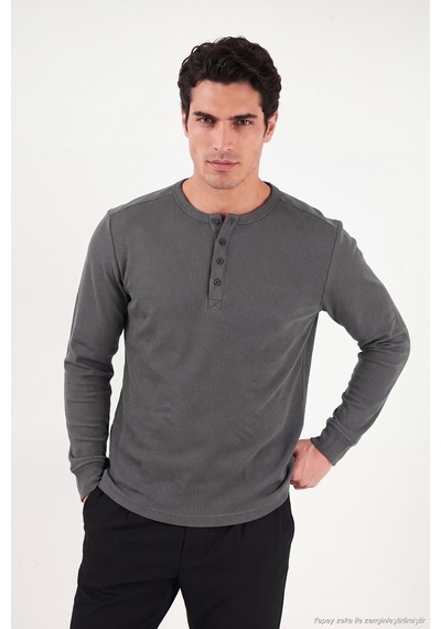 Buratti Pamuklu Regular Fit Düğmeli Bisiklet Yaka Sweat Erkek Sweat 5905852 Antrasit