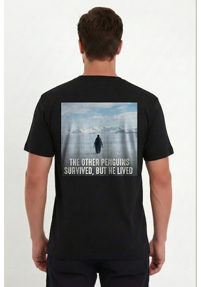 Barlashive Erkek T-shirt Penguen Baskılı Bisiklet Yaka Kısa Kol Yazlık Tişört - Siyah Çok Renkli