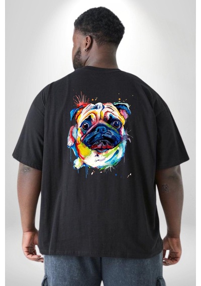 Angemiel Sulu Boya Pug Köpek Büyük Beden Siyah Tişört Kadın Erkek Ünisex Sırt Baskılı Siyah