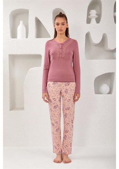 Relax Mode Kadın Dantelli Viskon Pijama Takım - 10762 VİZON