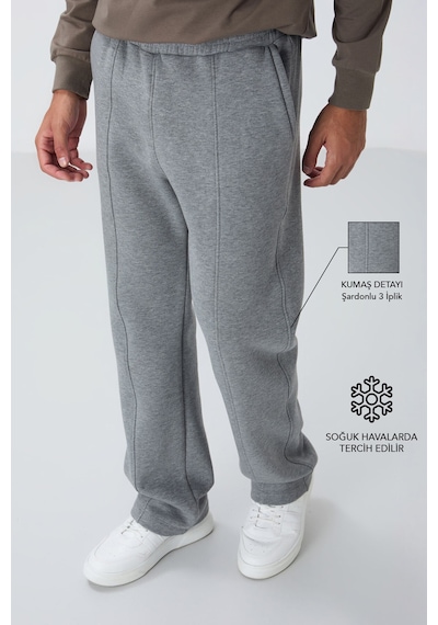 Tommy Life Gri Melanj Pamuklu Kalın İçi Tüylü Yumuşak Dokulu Oversize Nakışlı Erkek Eşofman Altı -82146 GB MELANJ