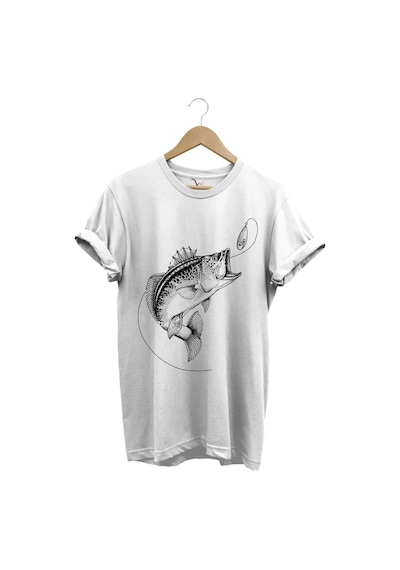Fishing Balıkçılık Baskılı Yem Balıkçılığı Olta %100 Pamuk Bisiklet Yaka Beyaz T-shirt Beyaz
