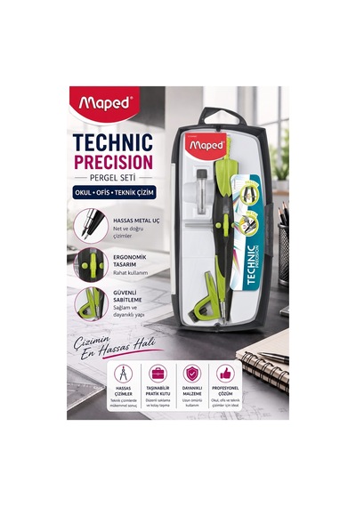 Yeşil Metal Hassas Pergel Seti 3 Parça 1 Adet Maped 291010 Technic Precision Profesyonel Pergel Proje Mimari Teknik