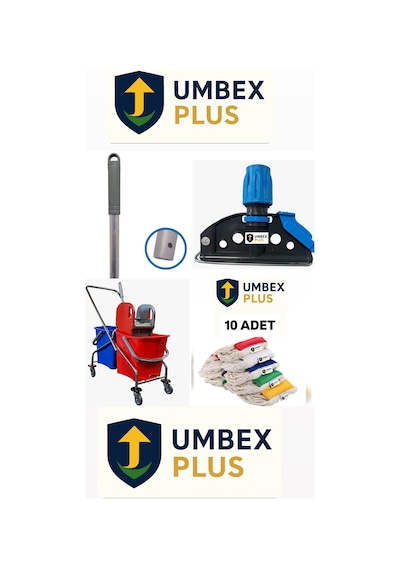Umbex Çift Kovalı Krom Paspas Arabası Temizlik Arabası Islak Mop Seti 10 Adet Islak Mop