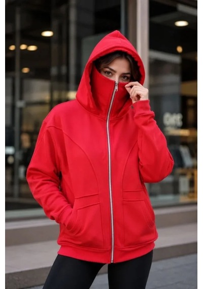 DefyModa Maskeli Ninja Model Çift Kapüşonlu 3 İplik Şardonlu Fermuarlı Oversize Sweatshirt - Kırmızı