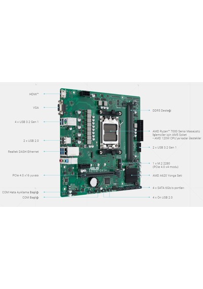 Asus Pro A620m-dash-csm Ddr5 Hdmı Pcıe 4.0 Am5 Matx Kurumsal Anakart