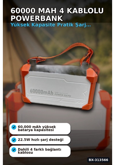 Acil Durum Işıklı 60000 Mah Powerbank - 4 Kablolu 22.5w Hızlı Şarj, Taşıma Saplı Bx-313566 Çok Renkli