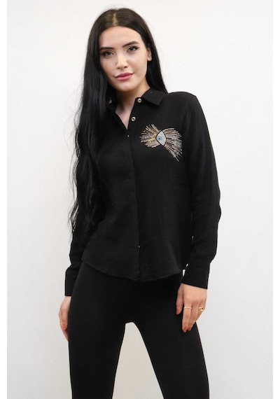 Sevgi Butik Moda Çizgi Taşlı Keten Gömlek Mc2301 Siyah 001