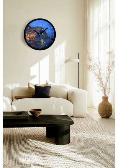 İtalya'daki Amalfi Sahili Doğa Manzara Modern Duvar Saati - 25cm - Önü Camlı Siyah Kasa-jh0562 Siyah
