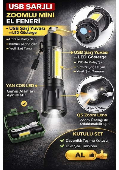 Usb Şarjlı Zoomlu Mini El Feneri Q5 Güçlü Işık Yan Cob Led Sos Mod Kutulu Taşınabilir