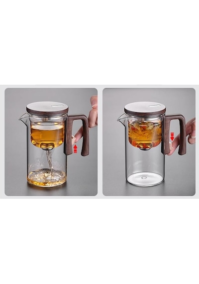 Morponi Borosilikat Cam Ahşap Kapak Ve Sap Detaylı Mıknatıs Özellikli Lüks Bitki Çayı Demliği 520 Ml Şeffaf