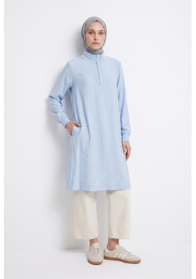 Armine Trend Yarım Fermuarlı Kolları Lastikli Çilek Kumaş Tunik Mavi 26yt462