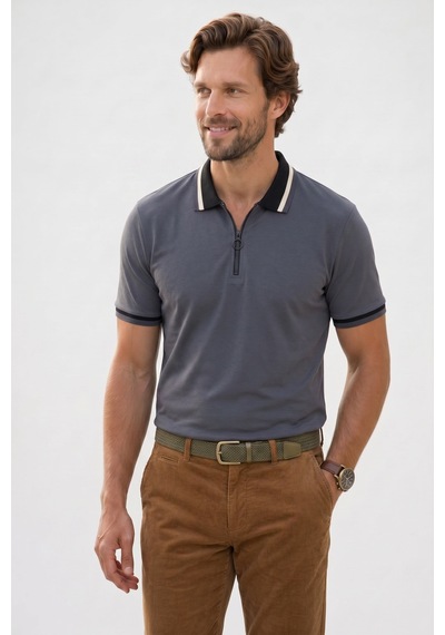 Tudors Erkek Slim Fit Dar Kesim %100 Pamuk Kısa Kollu Yarım Fermuarlı Antrasit Polo Yaka Tişört-50747