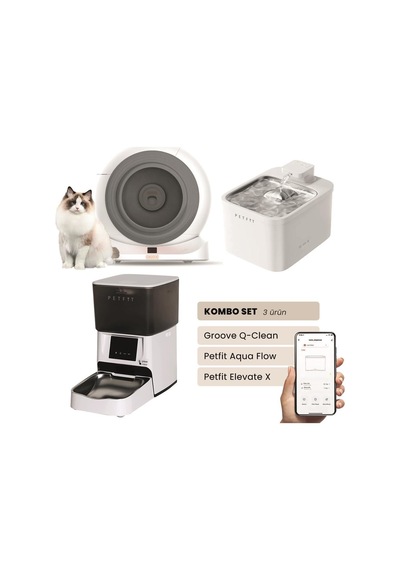 Groove Q-clean Akıllı Otomatik Kedi Tuvaleti Gri - Petfit Aqua Flow Akıllı Bataryalı Su Pınarı Çeşmesi + Petfit Elevate X Akıllı Otomatik Mama Kabı Bundle