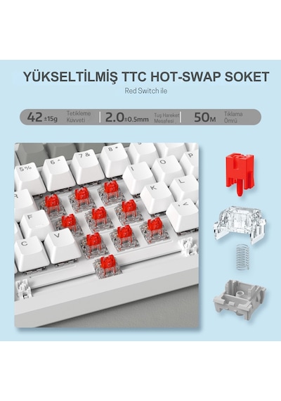 Ak820 Kablolu Mekanik Oyun Klavyesi , Beyaz Işıklı, Beyaz-gri, 82 Tuş, Hot Swap, Anti Ghosting