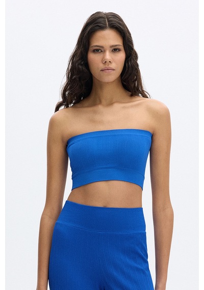 SubTone Dikişsiz Rib Dokulu Straplez Crop Top Cobalt Mavi