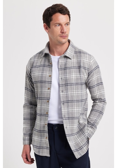 Tudors Erkek Slim Fit Dar Kesim Kareli Kışlık Oduncu Gömlek-42322 Gri
