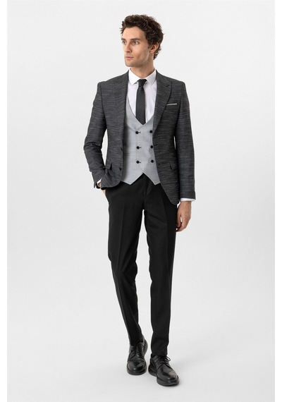 Süvari Siyah Slim Fit Desenli Sivri Yaka 6 Drop Yelekli Klasik Takım Elbise