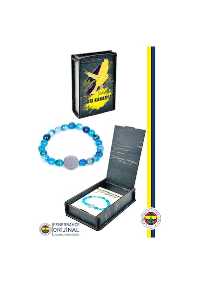 Fenerbahçe Lisanslı Fb Mavi Akik Fasetli Doğaltaş Bileklik Kanarya Baskılı Hediyelik Ahşap Kutulu