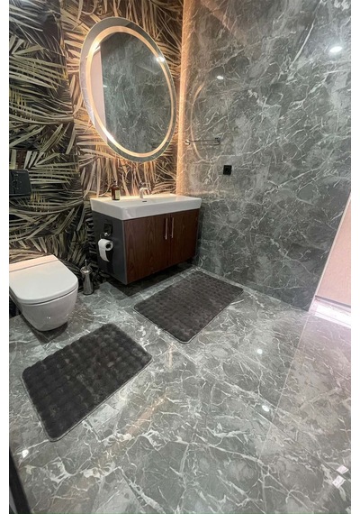 Modern Bubble Yıkanabilir Kaymaz Peluş Banyo Paspası Halısı 2'li Klozet Takımı 60x100 Ve 50x60 Antrasit
