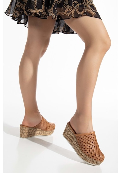 Analin Shoes Kadın Hakiki Deri Burnu Kapalı Dolgu Topuk Terlik Taba