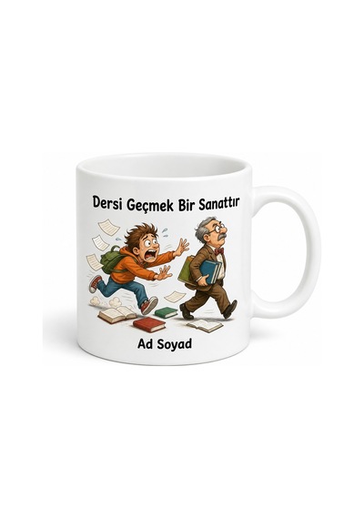 Dersten Geçmek İçin Hoca Peşinde Koşan Öğrenci Esprili Kupa Bardak Hediye Beyaz / Çok Renkli
