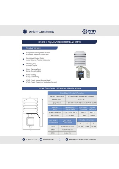 Ems Kontrol - Dış Hava Sıcaklık Nem Transmitteri 0-10 V / (-20) - (+80) °C -