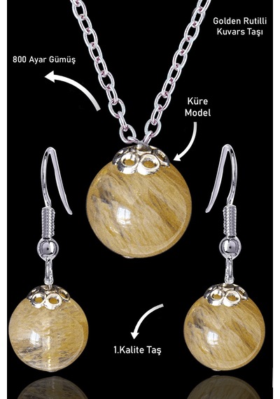 Sertifikalı Küre Model Golden Rutilli Kuvars Taşı Kolye Ve Küpe S Çok Renkli