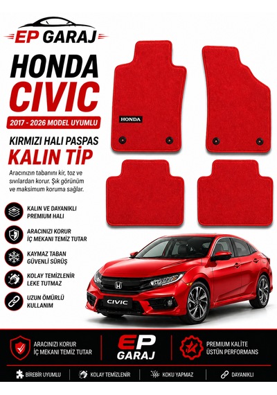 Honda Cıvıc 2017 2026 Uyumlu Kırmızı Halı Paspas Takımı Kalın Tip