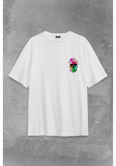 Rengarenk Kafatası Skull Head Gökkuşağı Renkleri Sırt Ön Baskılı Oversize Tişört Unisex T-shirt 001