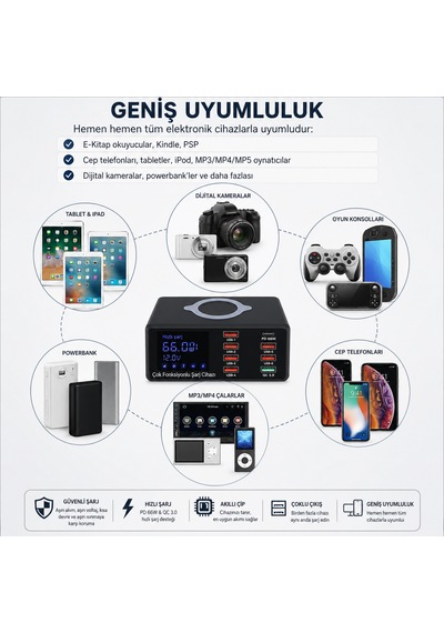 8 Portlu 7 Usb + Type-c Pd Çoklu Şarj İstasyonu Kablosuz + Kablolu Şarj Bir Arada