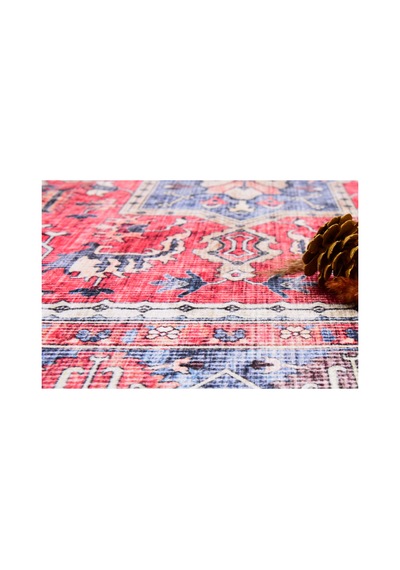 Kırmızı Mavi Oryantal Kilim Vintage Desenli, Kaymaz Taban, Yıkanabilir, Antialerjik Mavi Mavi