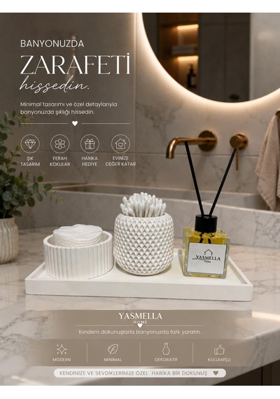 Minimal Beyaz Banyo Seti + Pamukluk + Kulak Çubuğu Kabı + Soft Romantica Difüzör + Dekoratif Tepsi