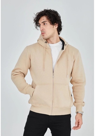 Luz&pos Erkek Tam Fermuarlı Kapşonlu Sweatshirt - Bej Bej