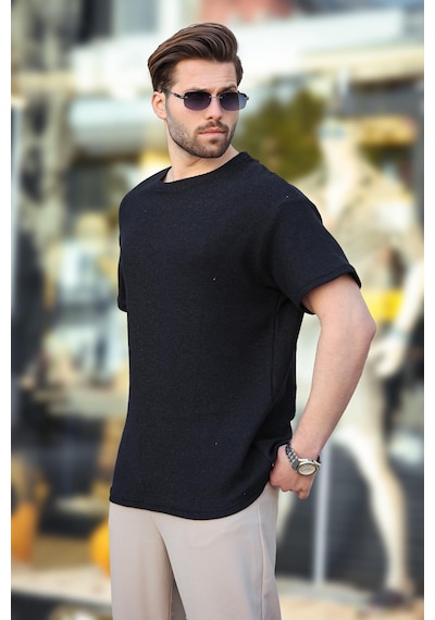 Madmext Siyah Bisiklet Yaka Oversize Erkek T-shirt E7134 Siyah