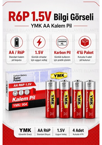 Ymk Aa R6p 1.5v Karbon Kalem Pil 4'lü Paket Kumanda, Saat, Oyuncak Ve El Feneri İçin Ekonomik Pil